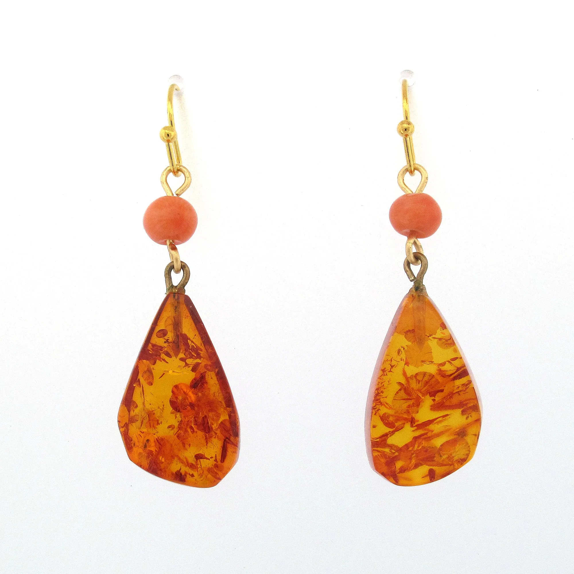 Baltic Amber Teardrops and Salmon Coral Earrings. j-erbd179
