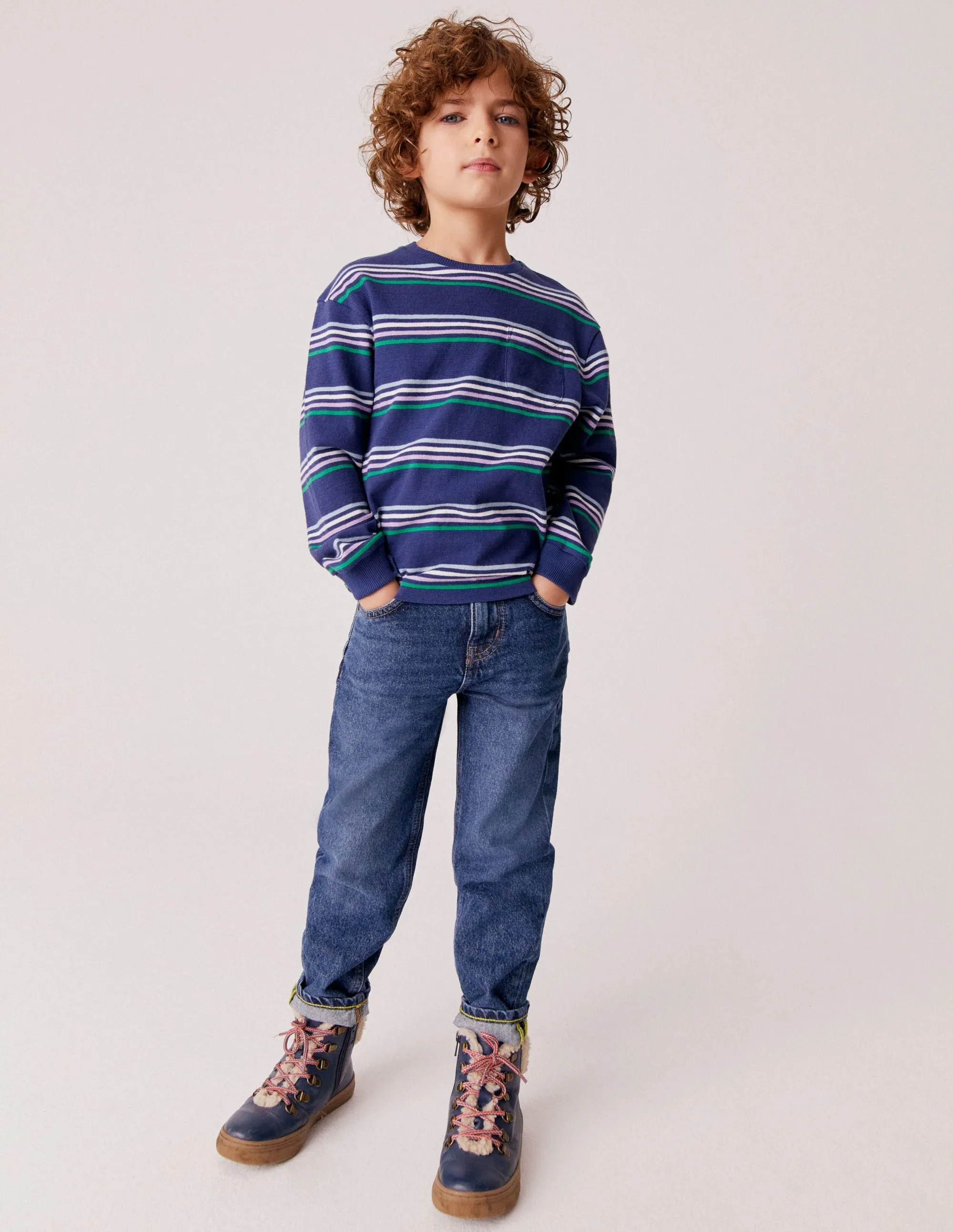 Long Sleeve Textured T-shirt-Navy/Buttercup/Green