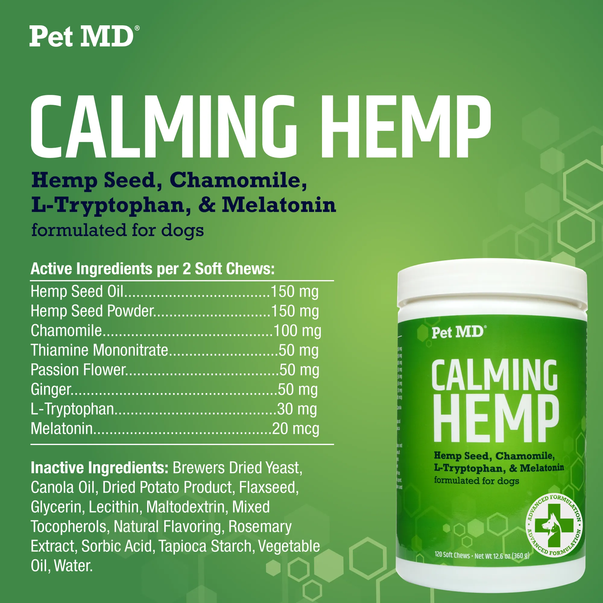 Pet MD Calming Hemp Soft Chews with Hemp Seed, Chamomile, L-Tryptophan, and Melatonin for Dogs - 120 Count