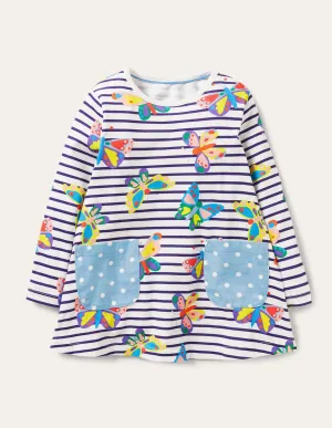 Printed Jersey Pocket Tunic-Multi Butterfly Stripe